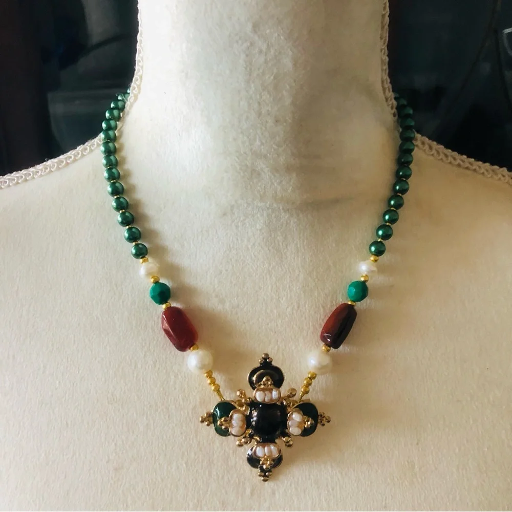 Handcrafted repurpose regal look pendant Czech glass Pearl necklace